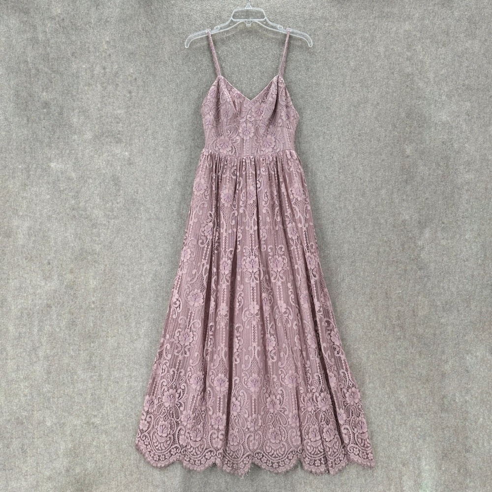 DB Stusio Lace Maxi Dress Dusty Rose V-Neck Spaghetti Strap Scalloped Hem Formal